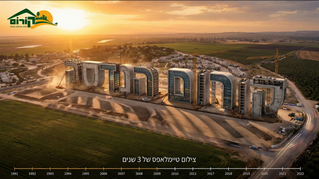 צילום אוויר של אתר הבנייה בהרחבת קיבוץ חולדה, תיעוד התקדמות הפרויקט עבור חברת קרום הנדסה.